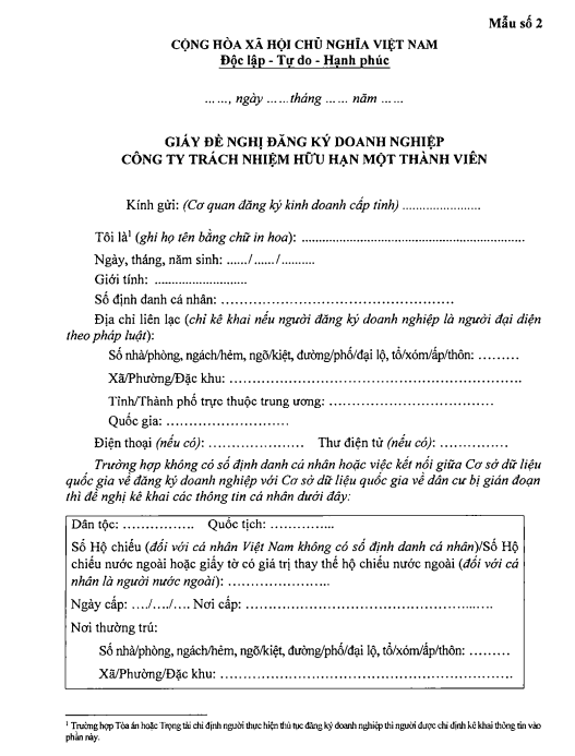 Application Form for Registration of a Single shareholder limited company